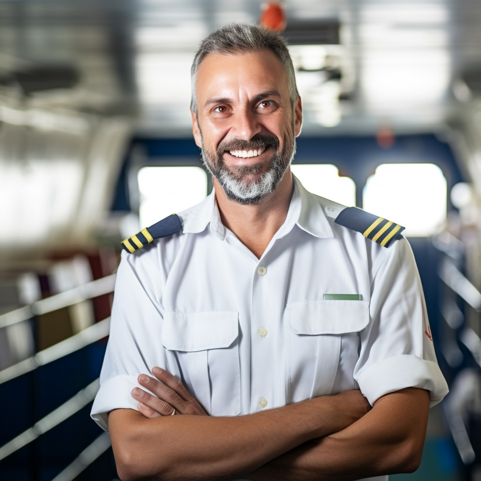 Eemingly cheerful ship captain with a warm smile on blurred background