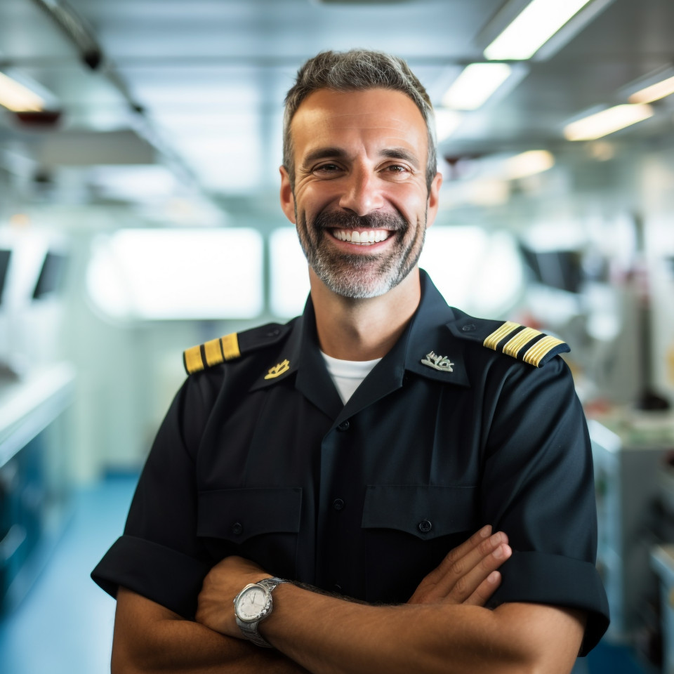 Eemingly cheerful ship captain with a warm smile on blurred background