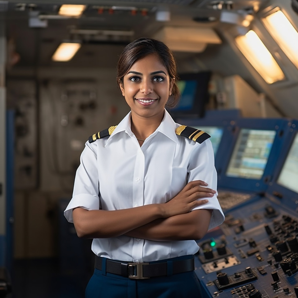 Cheerful indian woman ship captain working on blurred background
