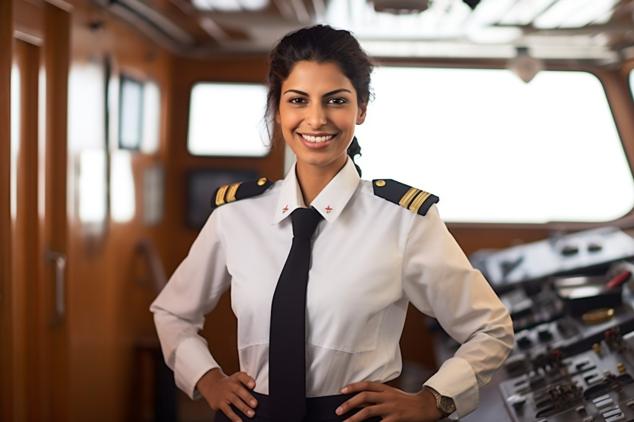 Cheerful indian female ship captain working against a blurred background