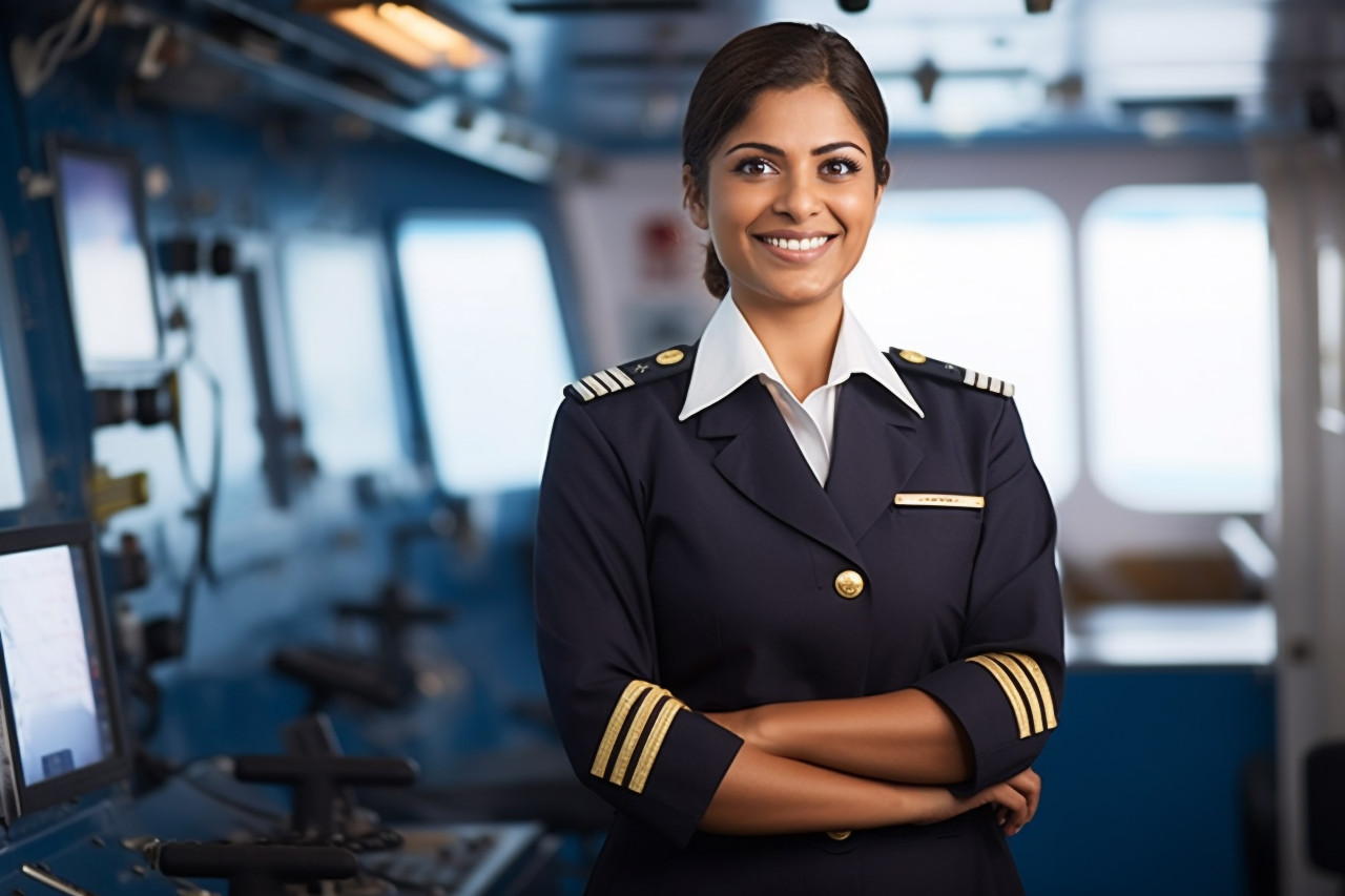 Cheerful indian female ship captain working against a blurred background