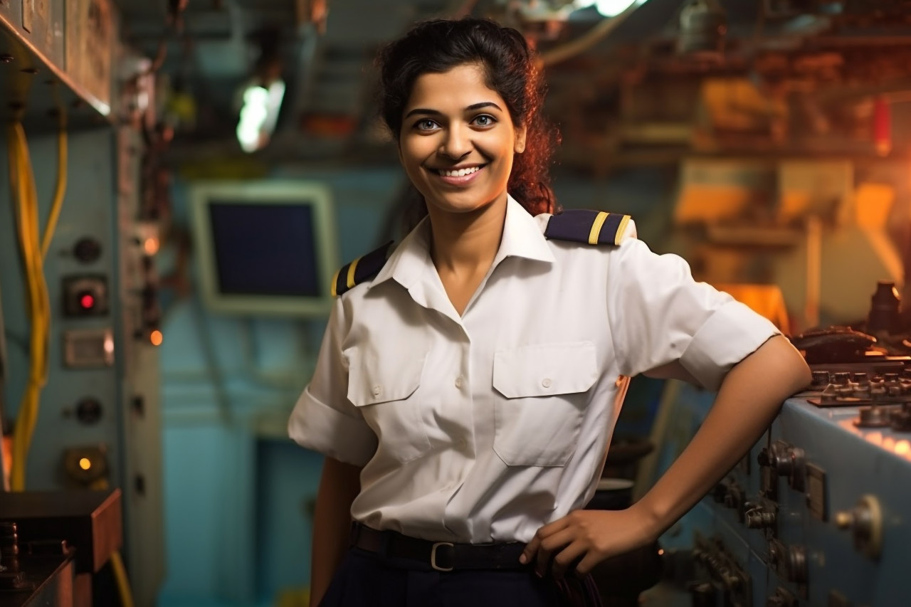 Cheerful indian female ship captain working against a blurred background