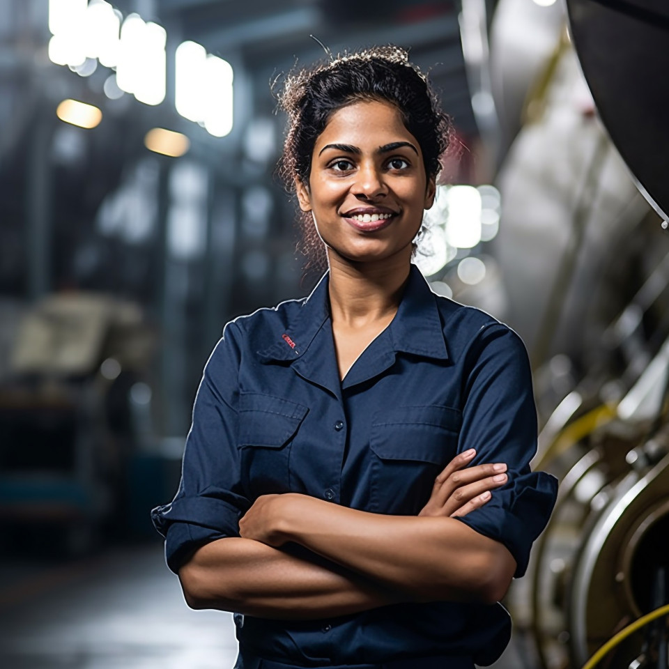 Cheerful indian woman ship captain working on blurred background