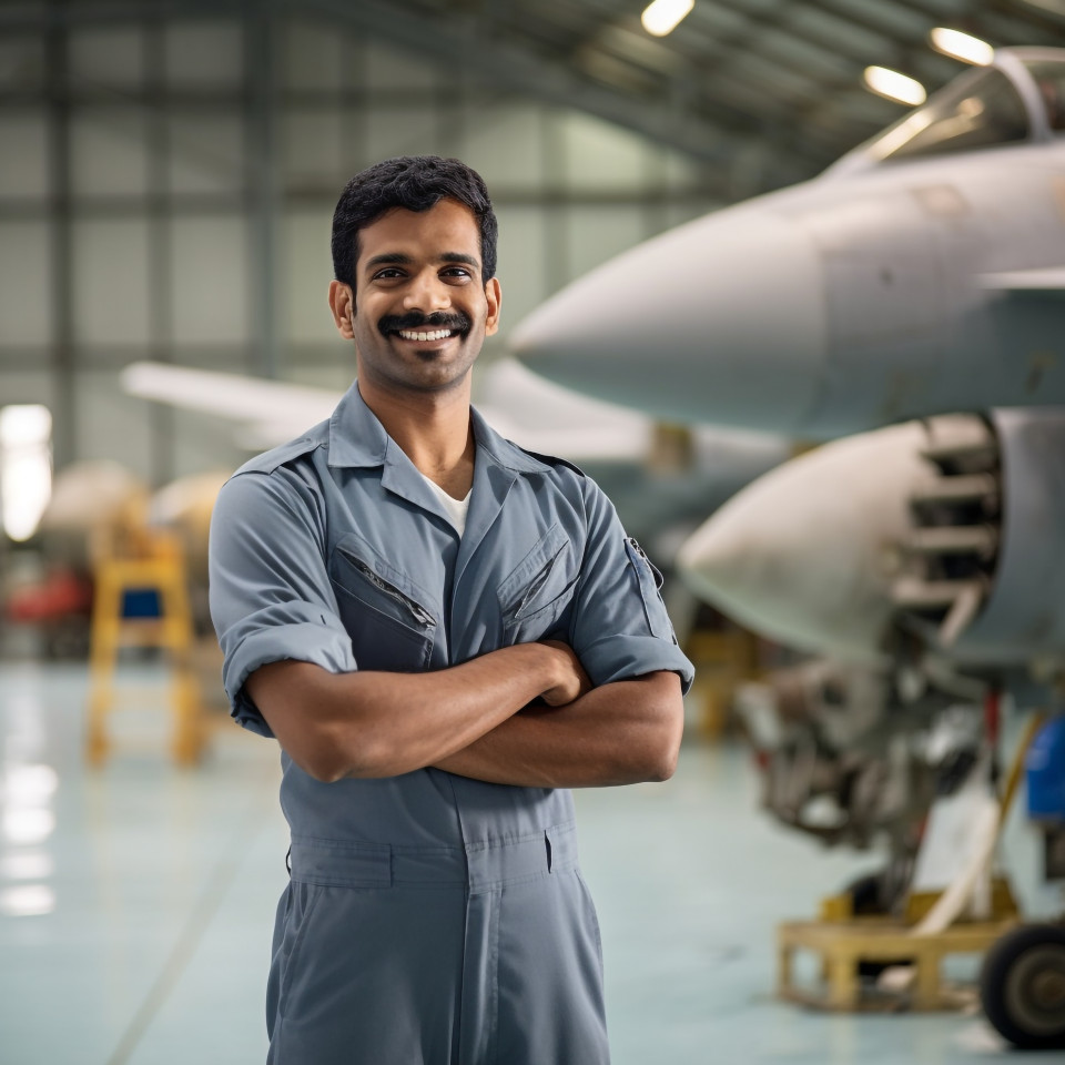 Happy indian aircraft mechanic fixing plane in workshop on blurred background