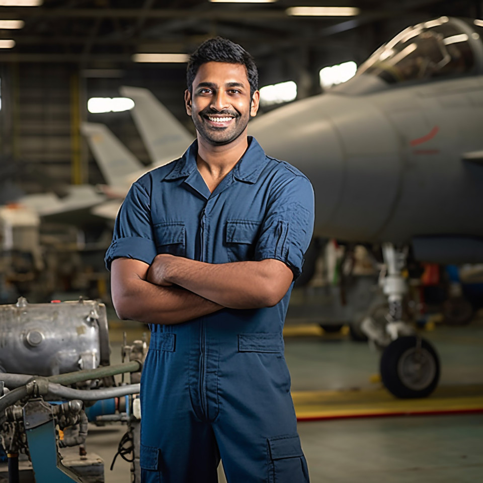 Happy indian aircraft mechanic fixing plane in workshop on blurred background