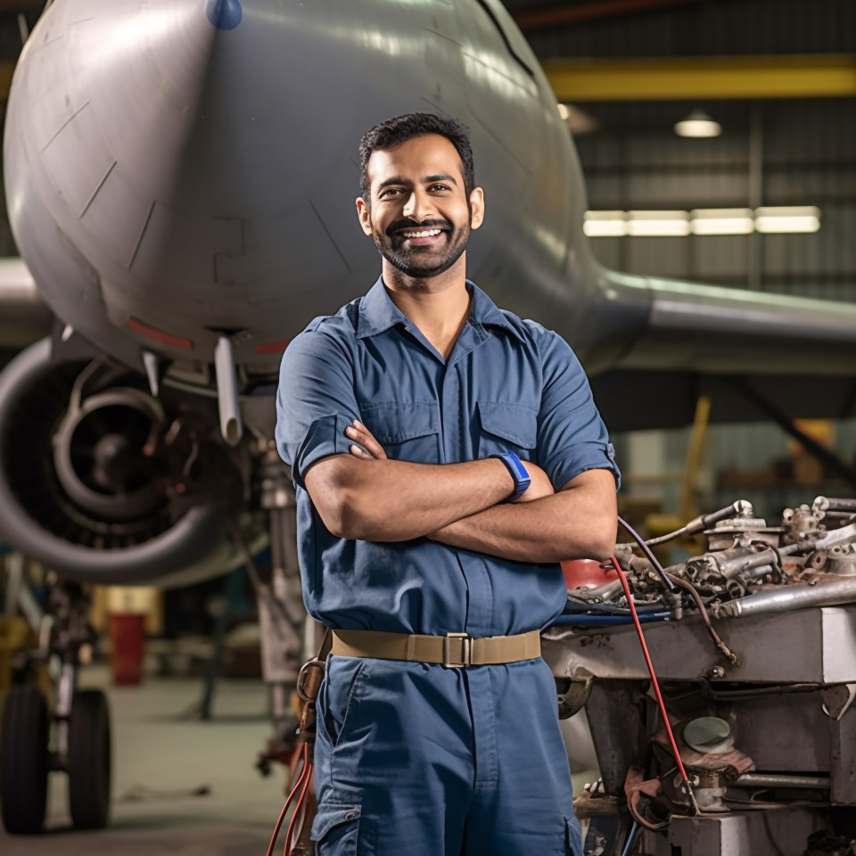 Happy indian aircraft mechanic fixing plane in workshop on blurred background