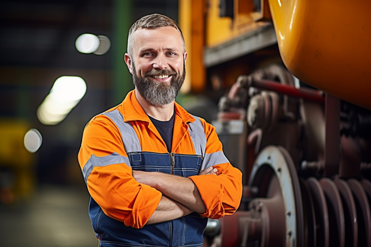 Cheerful train driver operates locomotive against on blurred background