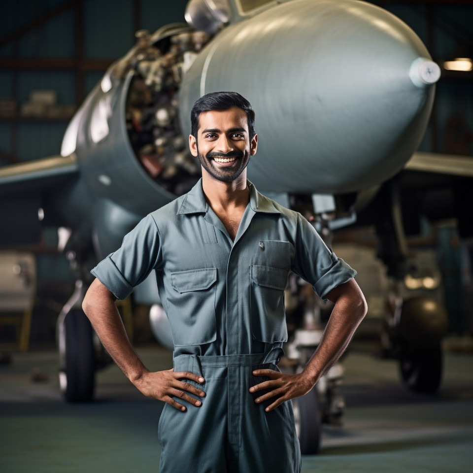Happy indian aircraft mechanic fixing plane in workshop on blurred background