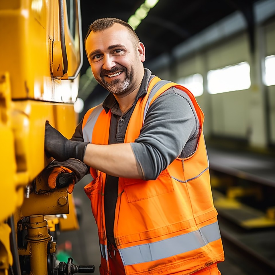 Cheerful train driver operates locomotive on blurred background