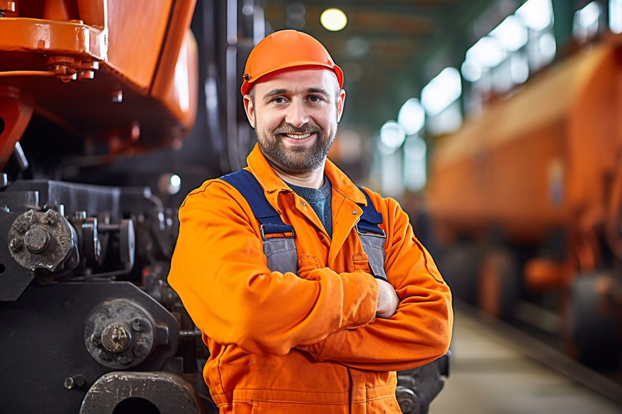 Cheerful train driver operates locomotive against on blurred background