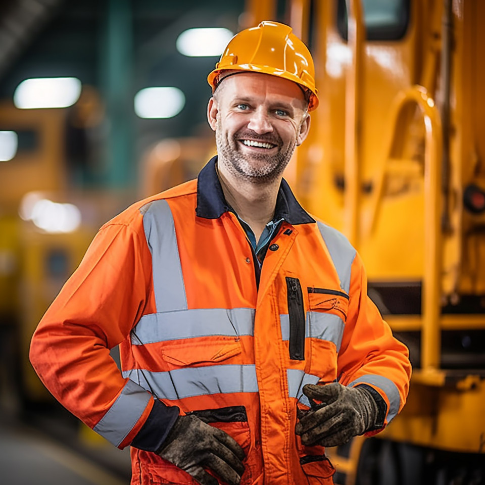 Cheerful train driver operates locomotive on blurred background