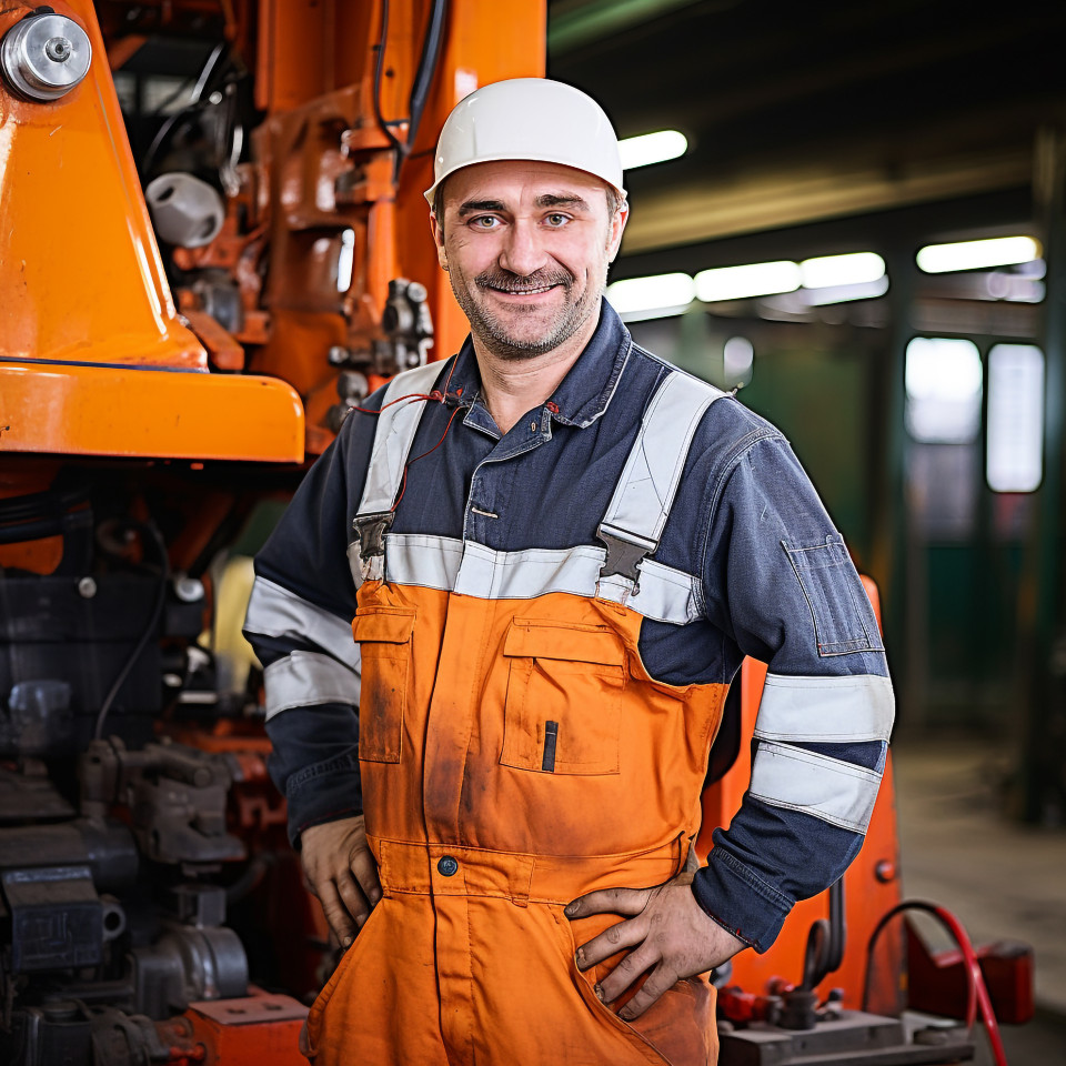 Cheerful train driver operates locomotive on blurred background