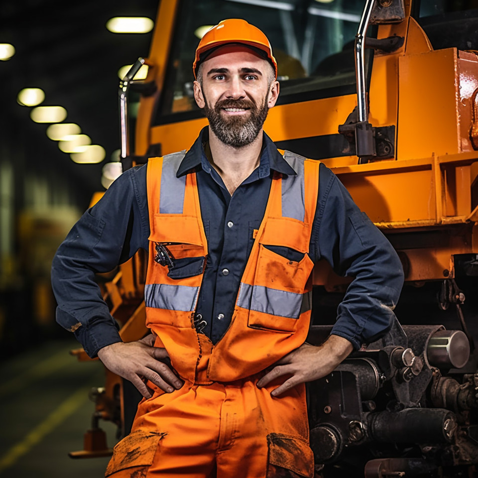 Cheerful train driver operates locomotive on blurred background