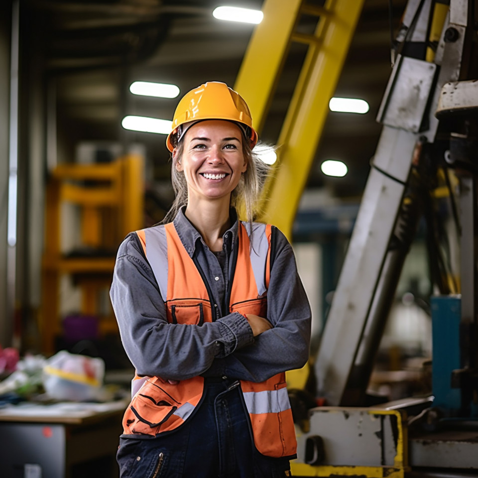 Cheerful female crane operator working against a blurred background