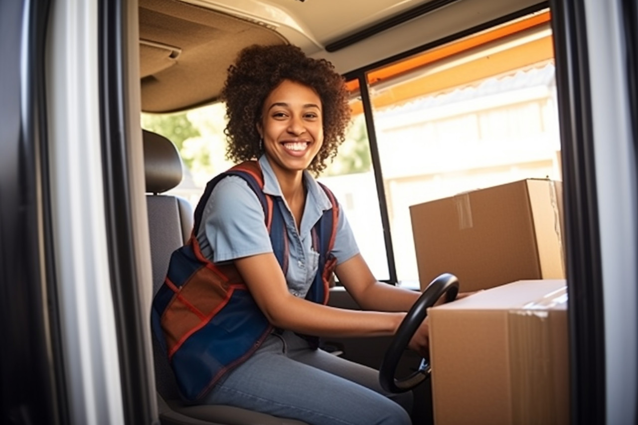 Cheerful female courier delivering packages against on blurred backgroundon blurred background