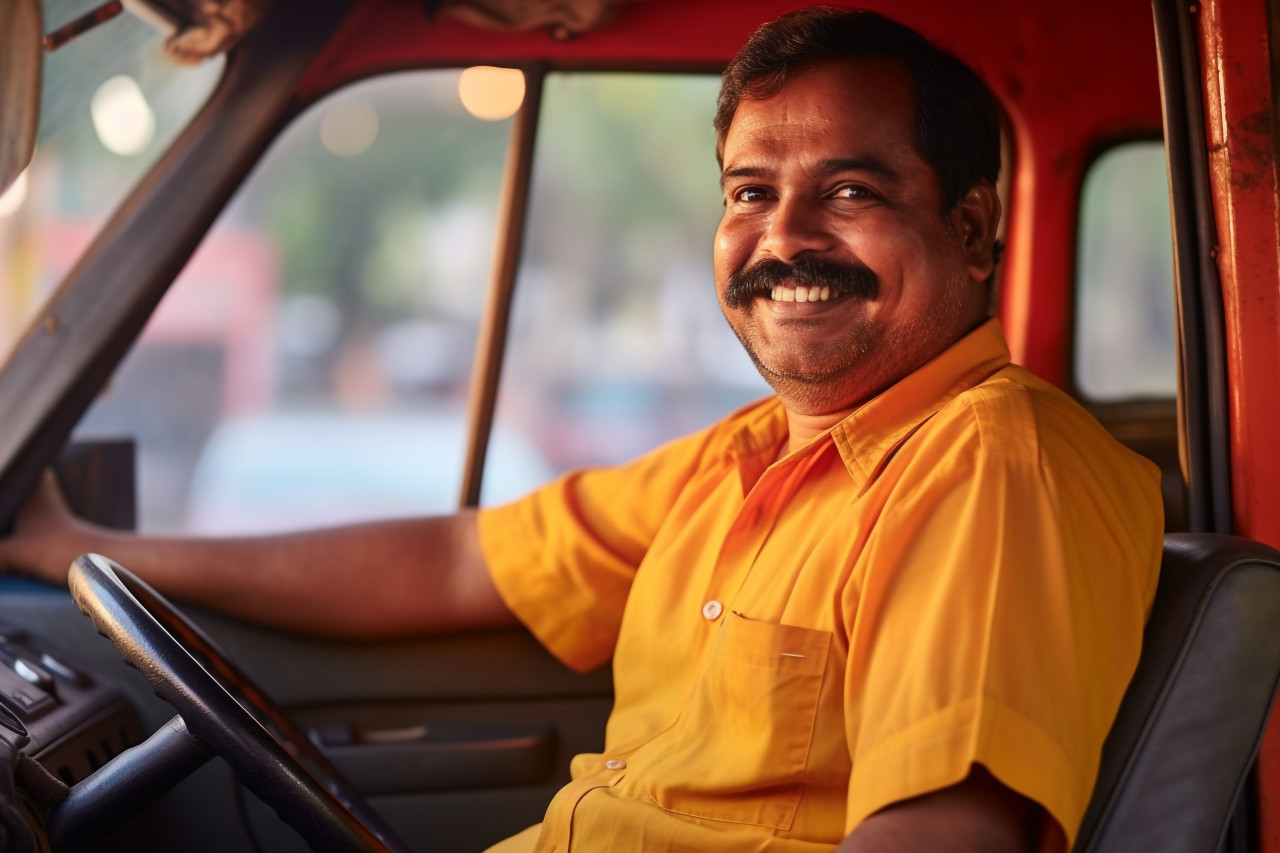 Cheerful indian taxi driver posing for a blurred background