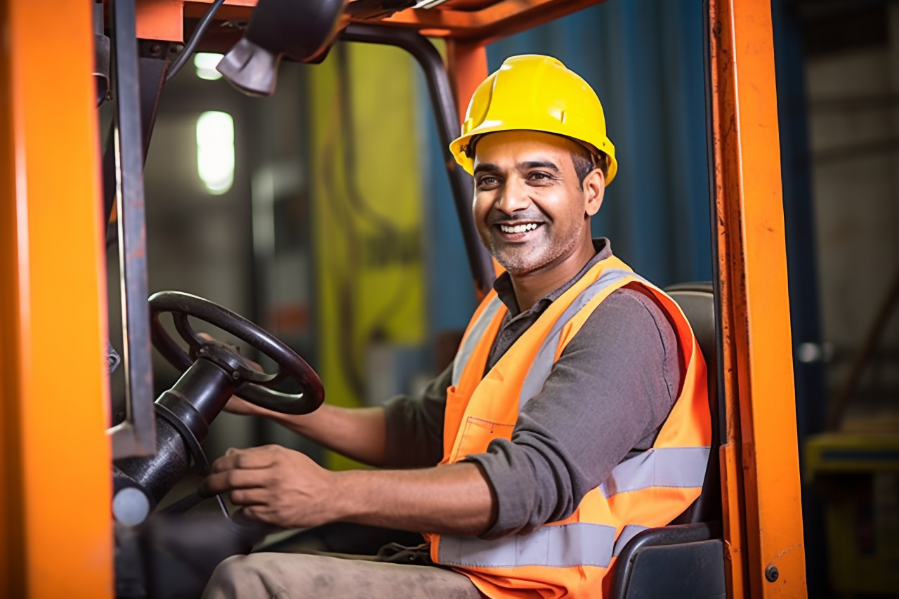Happy indian forklift driver working in warehouse on blurred background