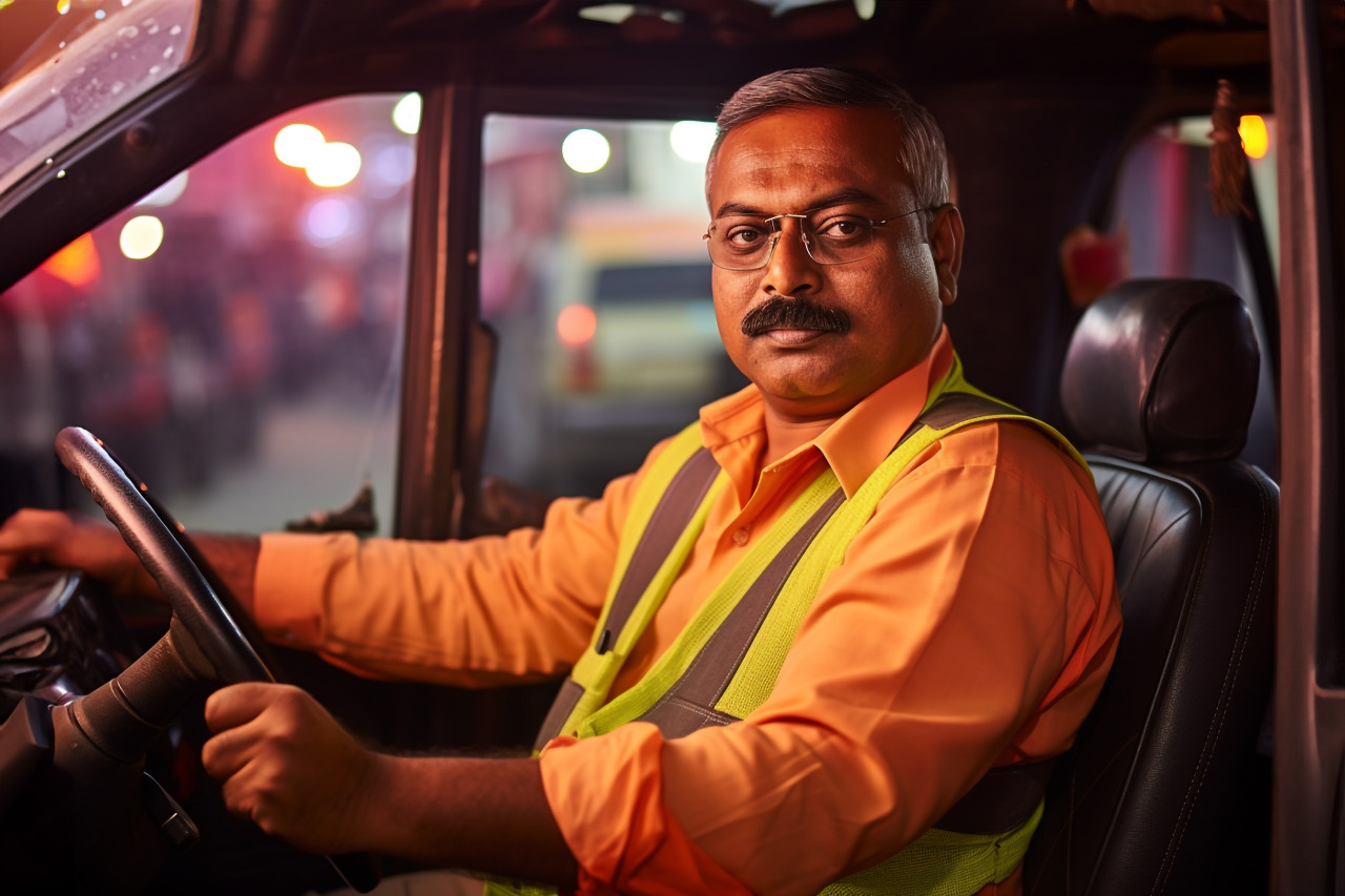 Cheerful indian taxi driver posing for a blurred background