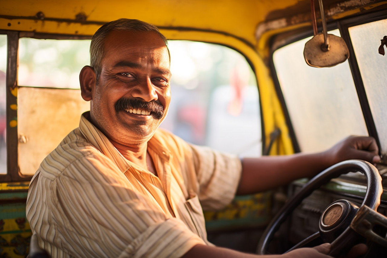 Cheerful indian taxi driver posing for a blurred background