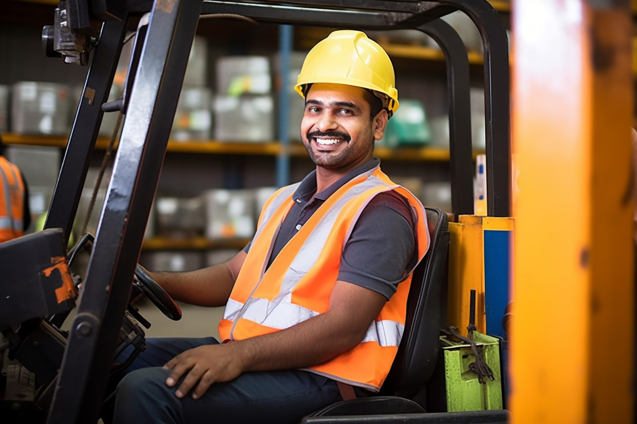 Happy indian forklift driver working in warehouse on blurred background