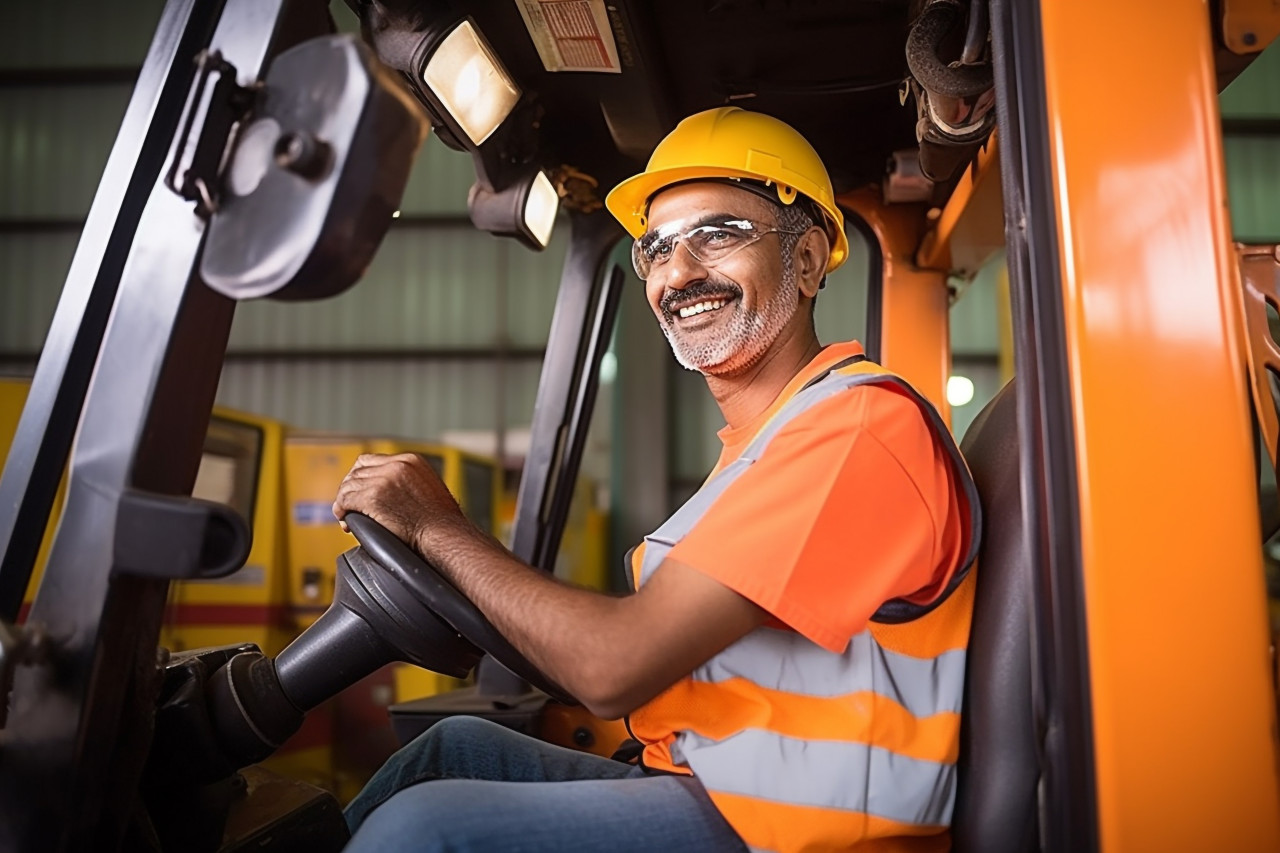Happy indian forklift driver working in warehouse on blurred background