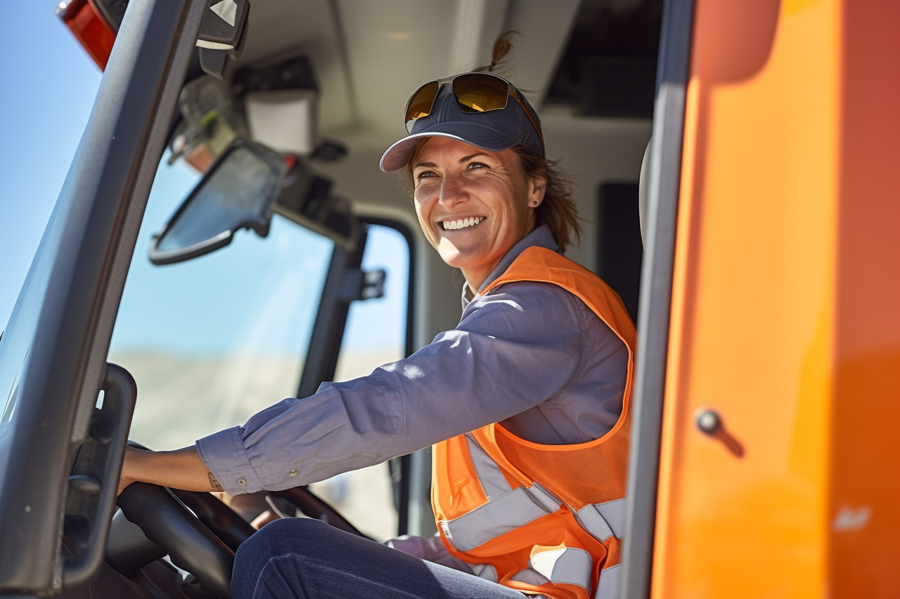 Happy female truck driver posing in front of her truck on blurred background on blurred background