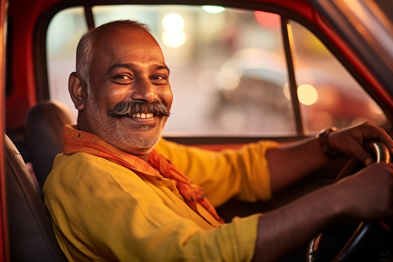 Cheerful indian taxi driver posing for a blurred background