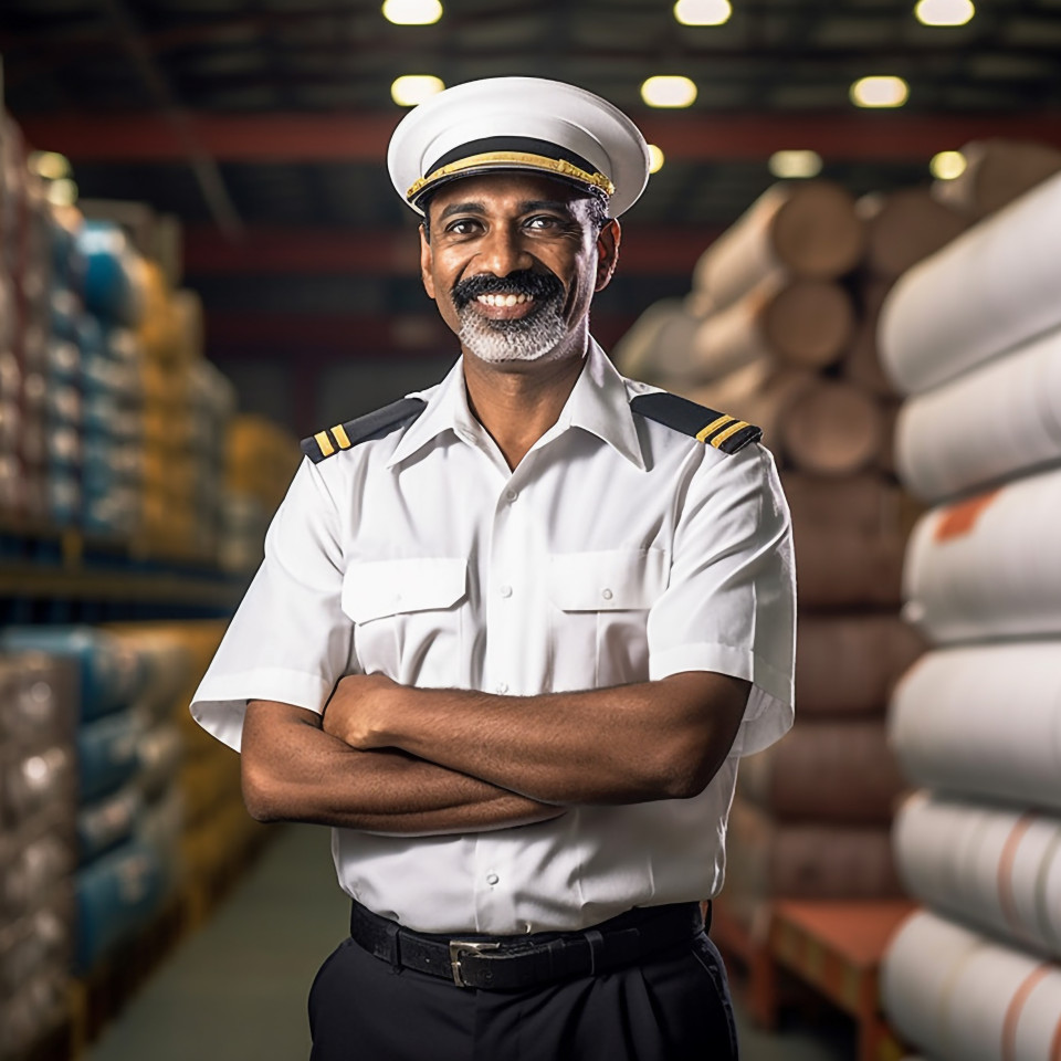 Happy indian ship captain working on boat a blurred background