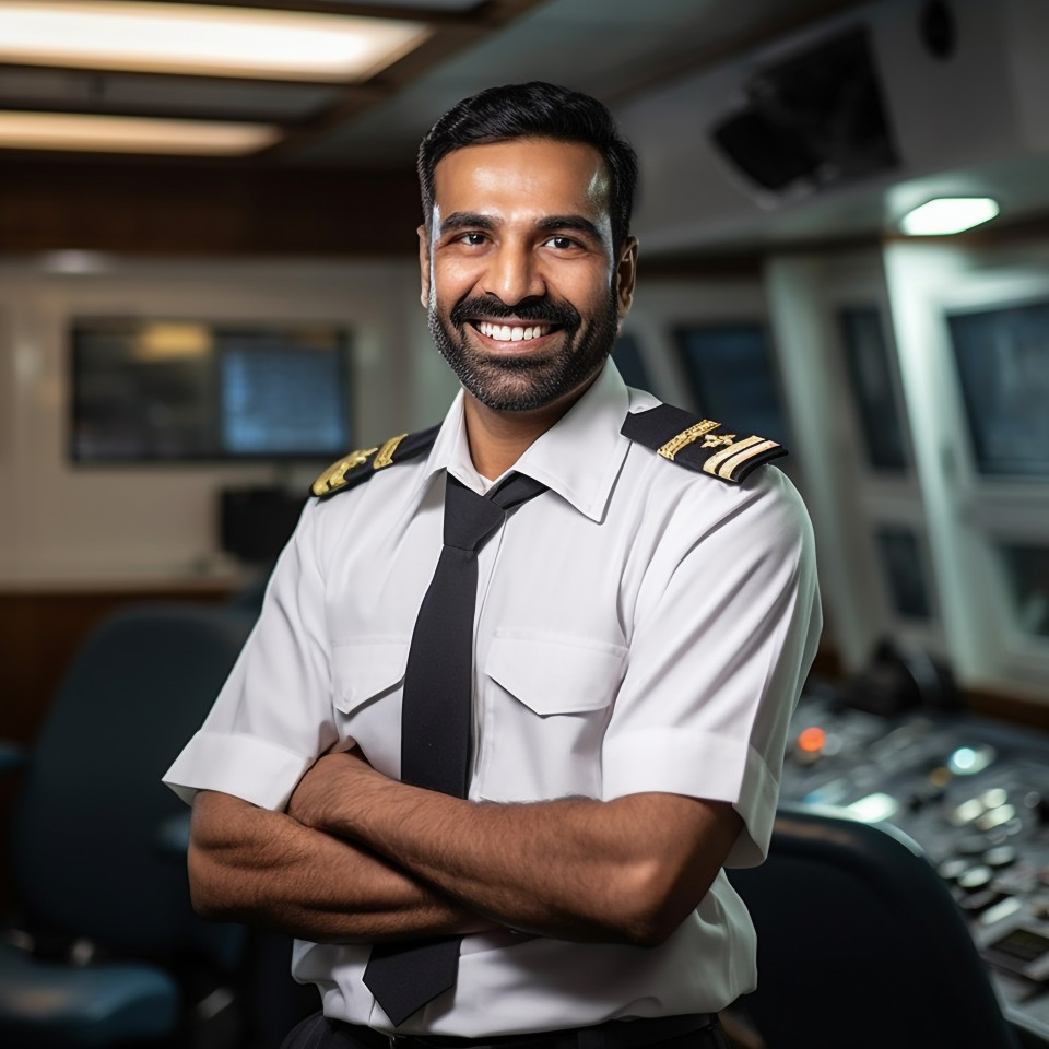 Happy indian ship captain working on boat a blurred background