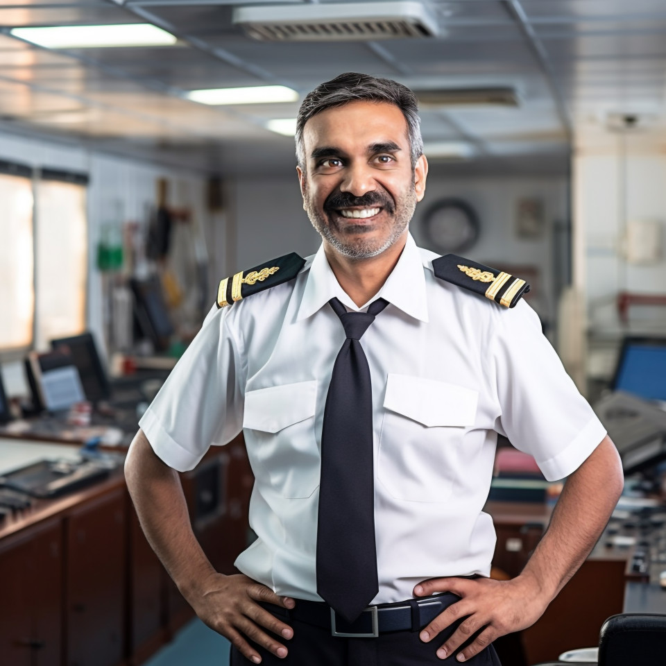 Happy indian ship captain working on boat a blurred background