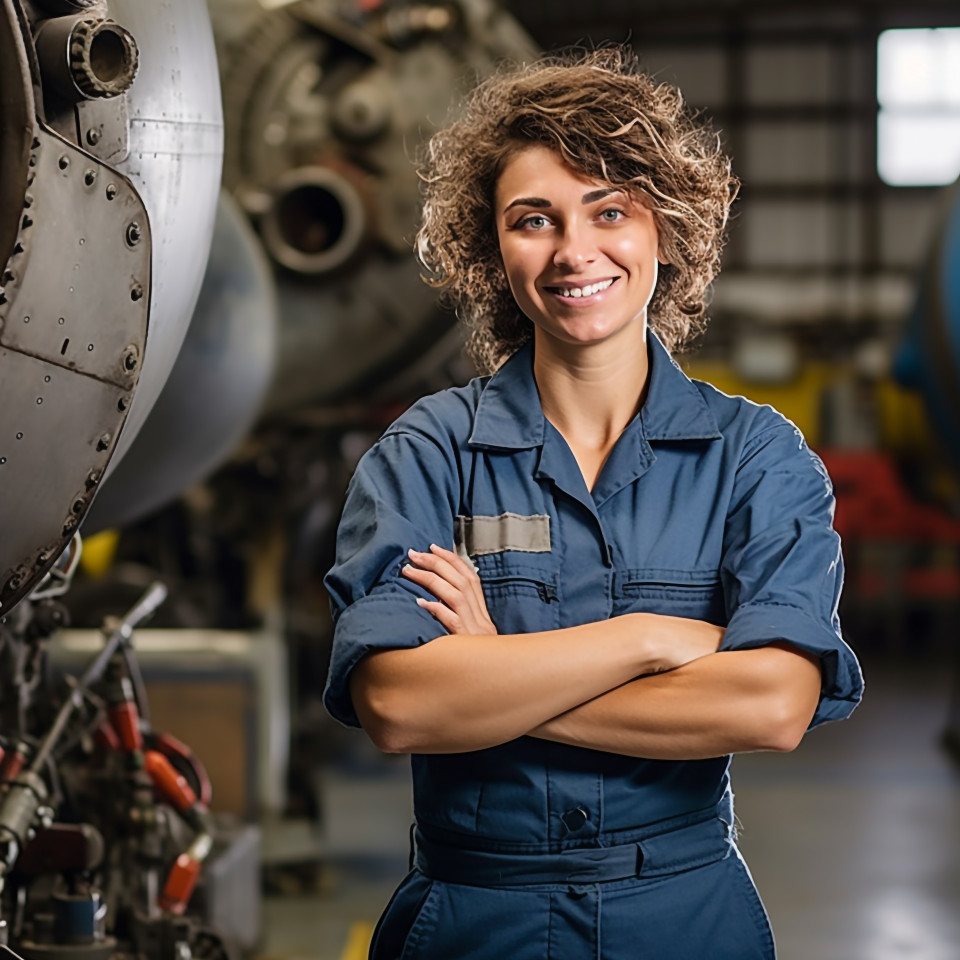 Happy female airplane mechanic working against on blurred background