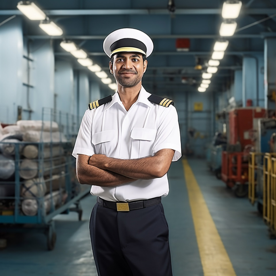 Happy indian ship captain working on boat a blurred background