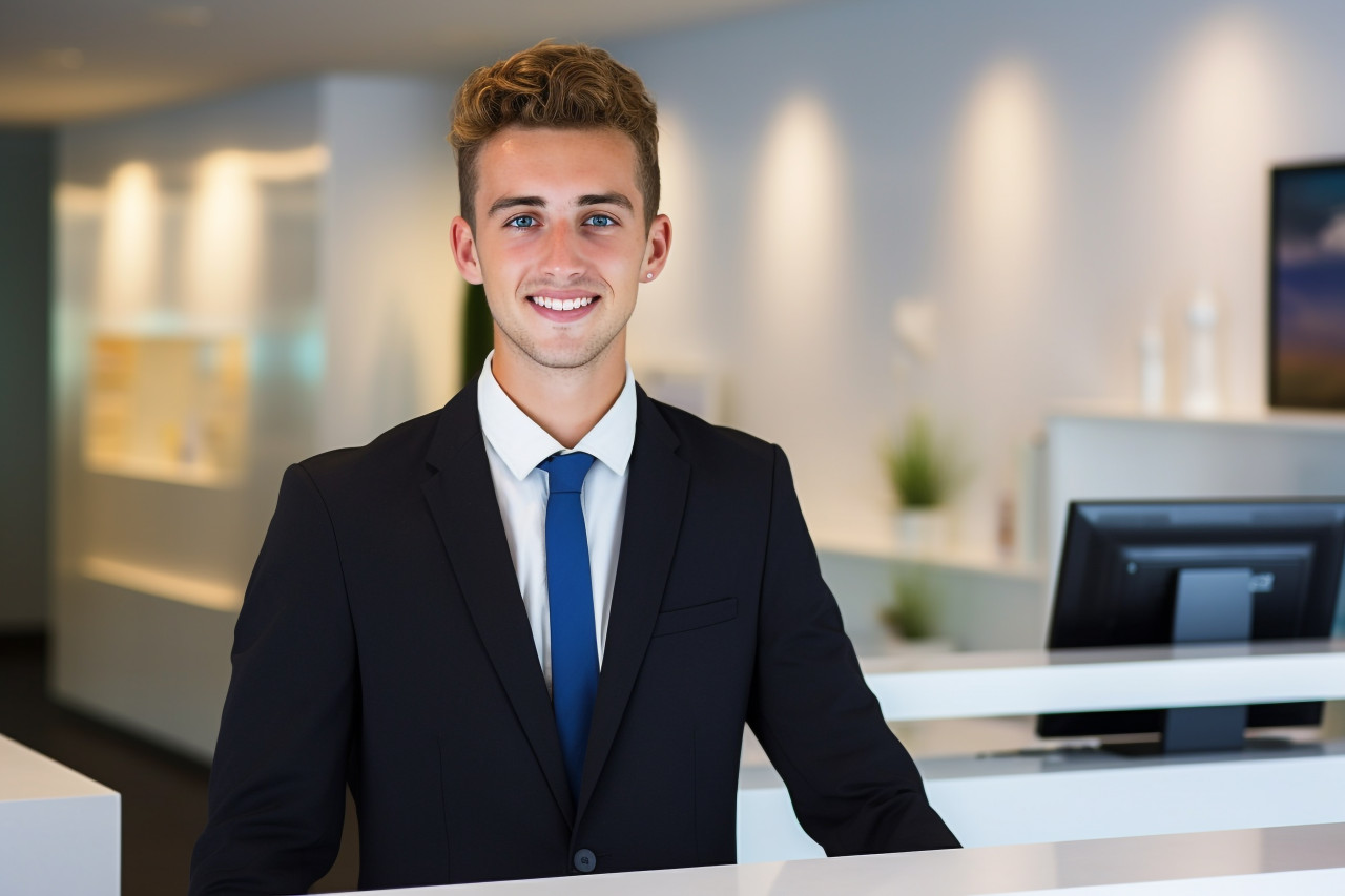 Confident businessman at front desk with blurred background