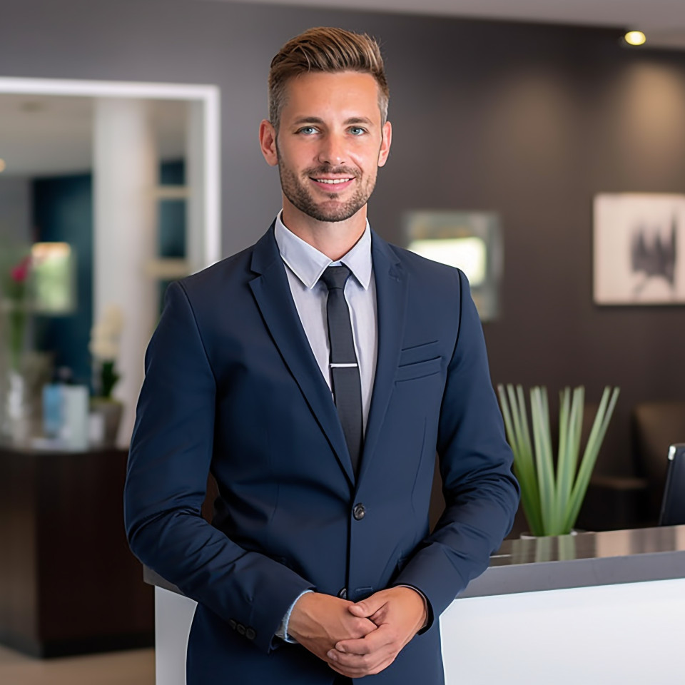 Professional man at work with receptionist in background