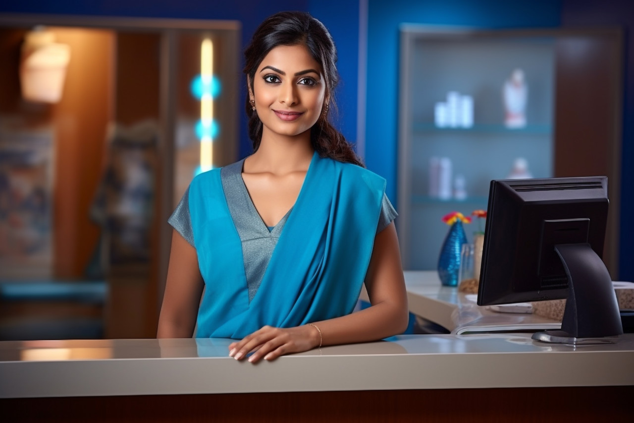 Indian female receptionist working at a desk blurry background