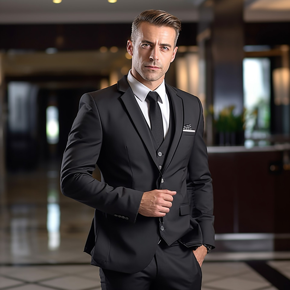 Confident concierge working on blurred background