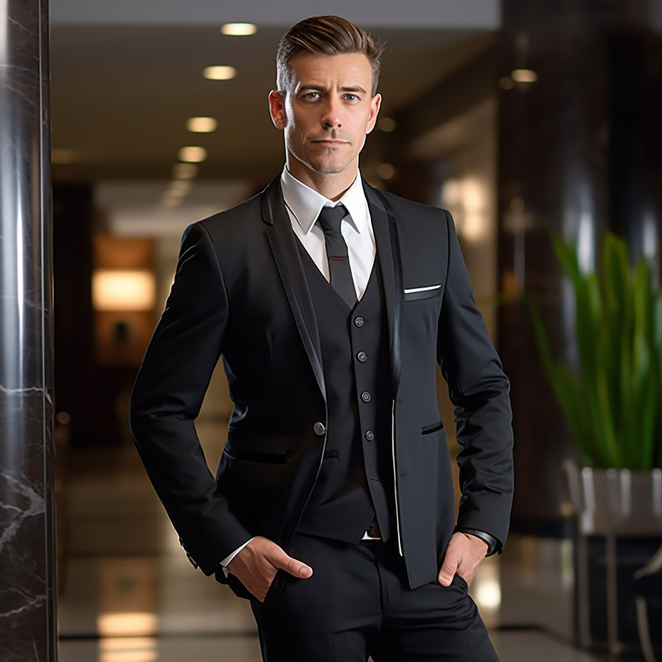 Confident concierge working on blurred background