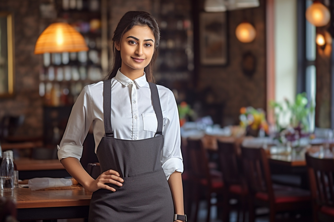 Indian woman waiter working blurred background