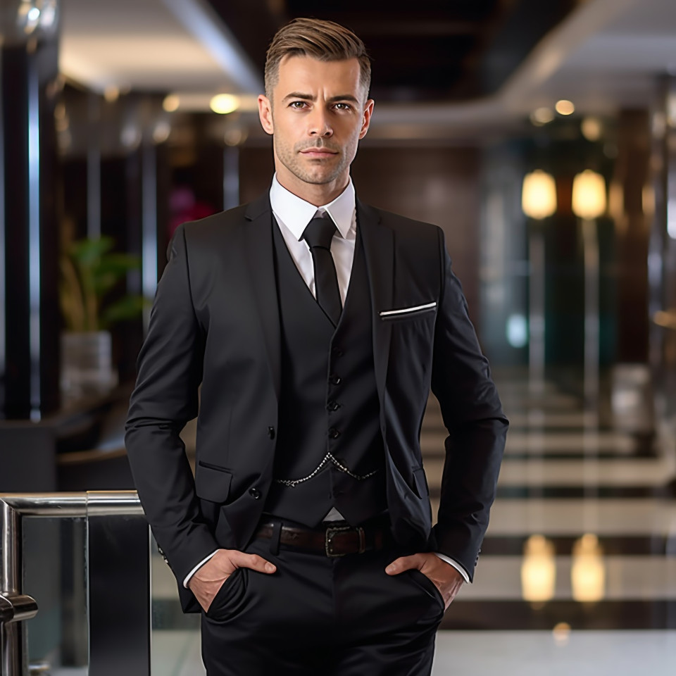 Confident concierge working on blurred background