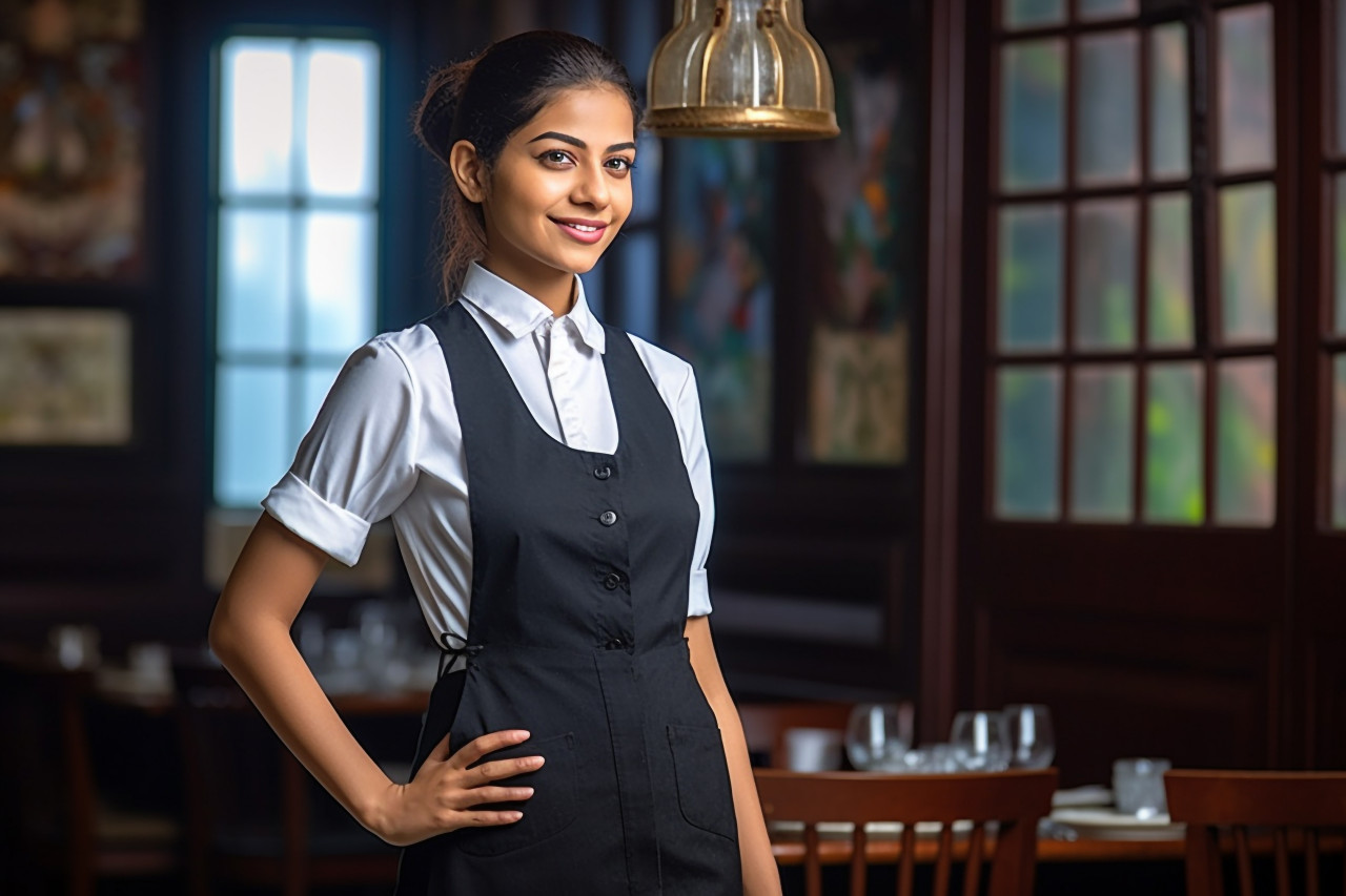 Indian woman waiter working blurred background
