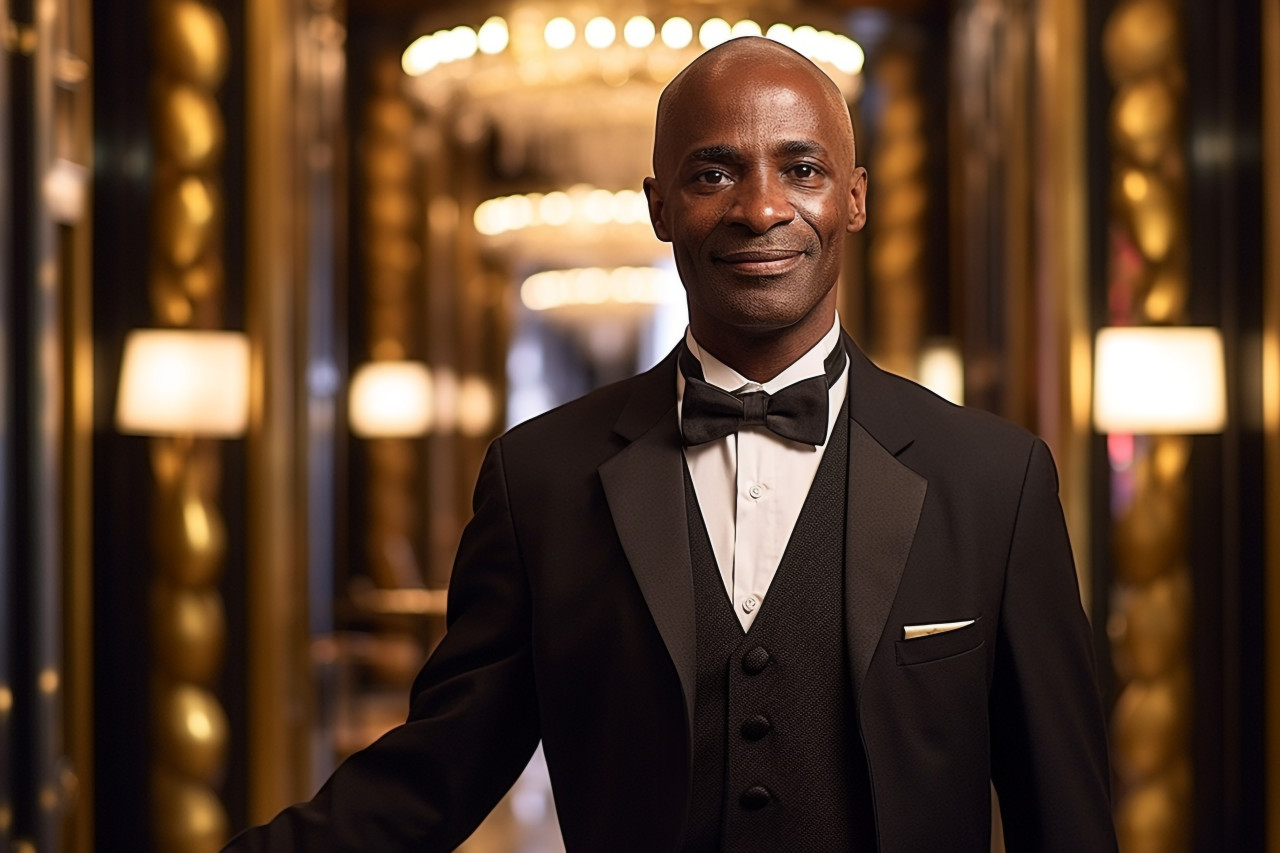 Confident doorman working with blurred background