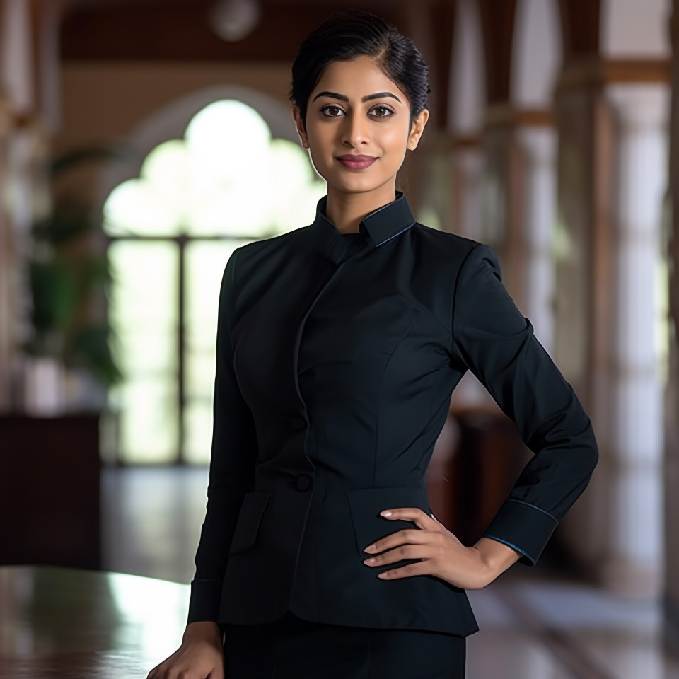 Confident indian female concierge working on blurred background