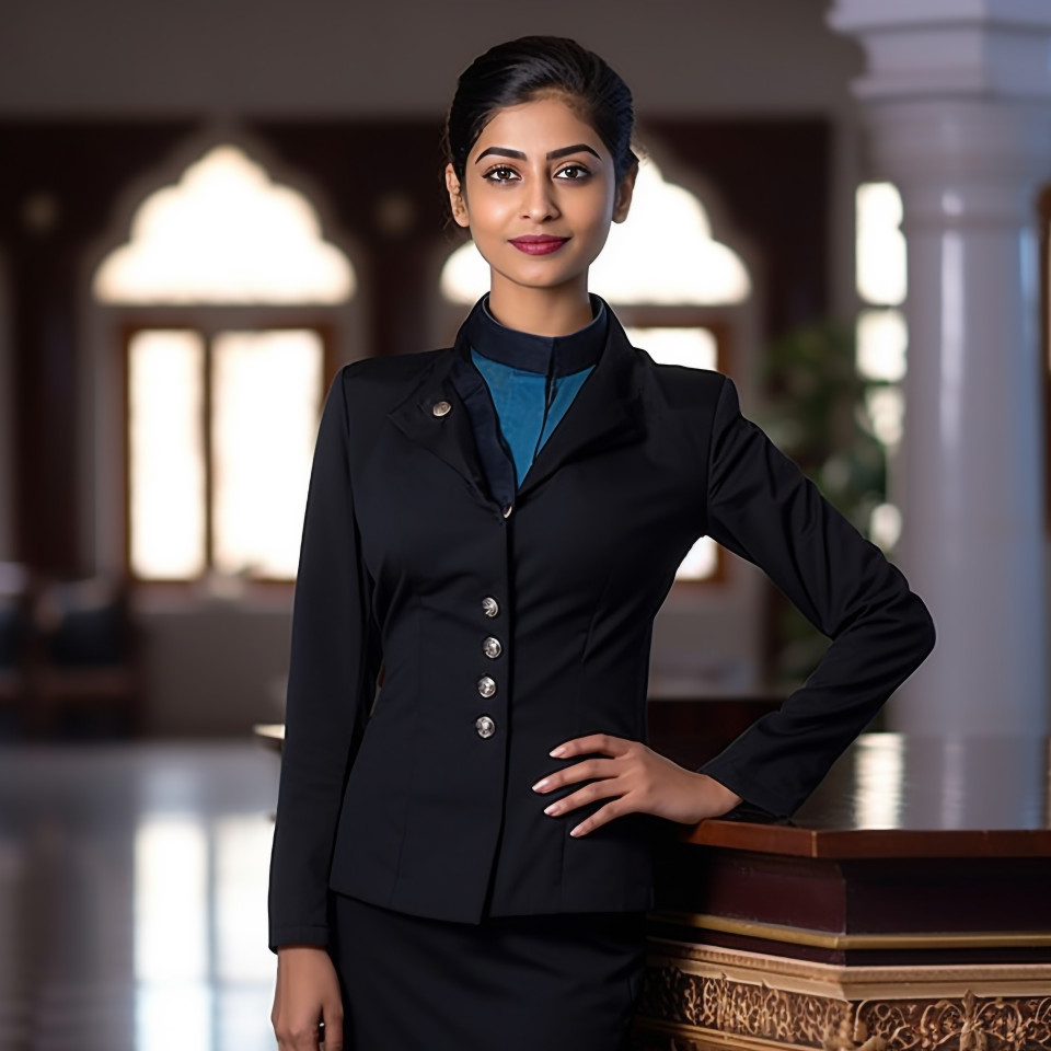 Confident indian female concierge working on blurred background