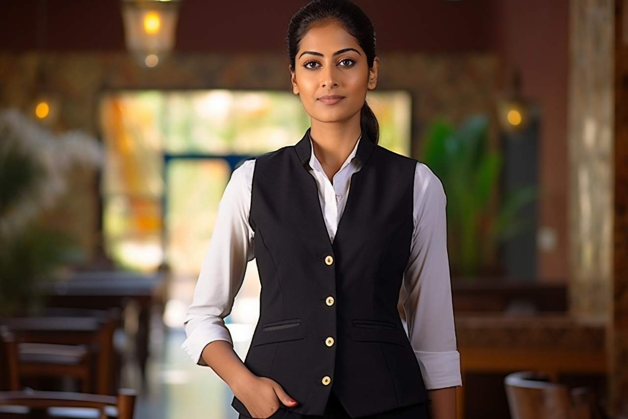 Indian female concierge working on blurred background