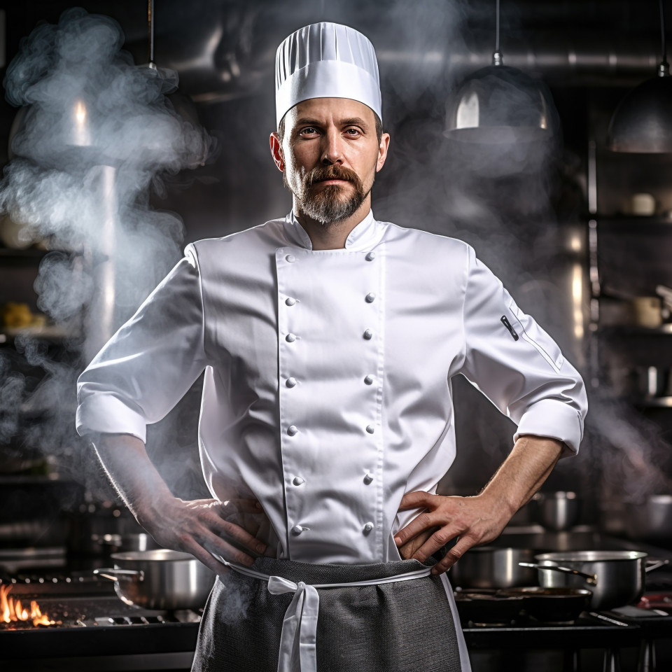 Chef confidently working in the blurred background