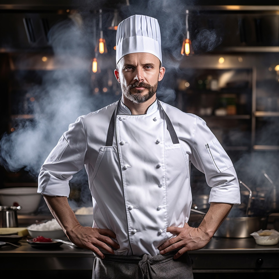 Chef confidently working in the blurred background