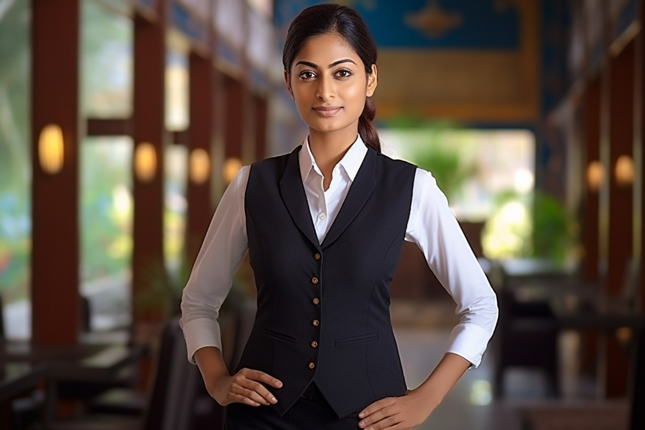 Indian female concierge working on blurred background