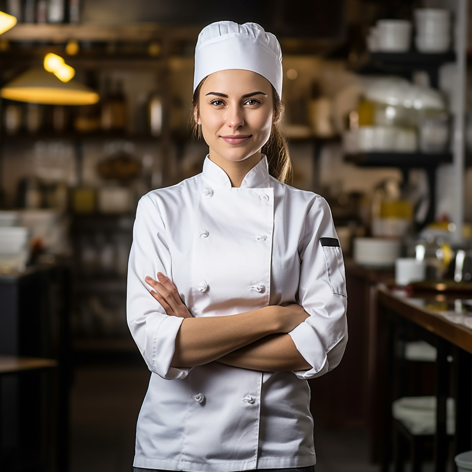 Female chef working confidently on blurred background