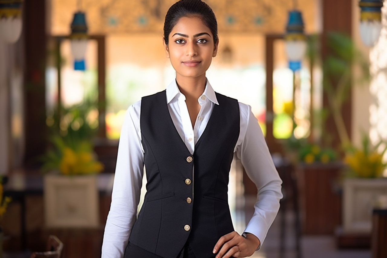 Indian female concierge working on blurred background
