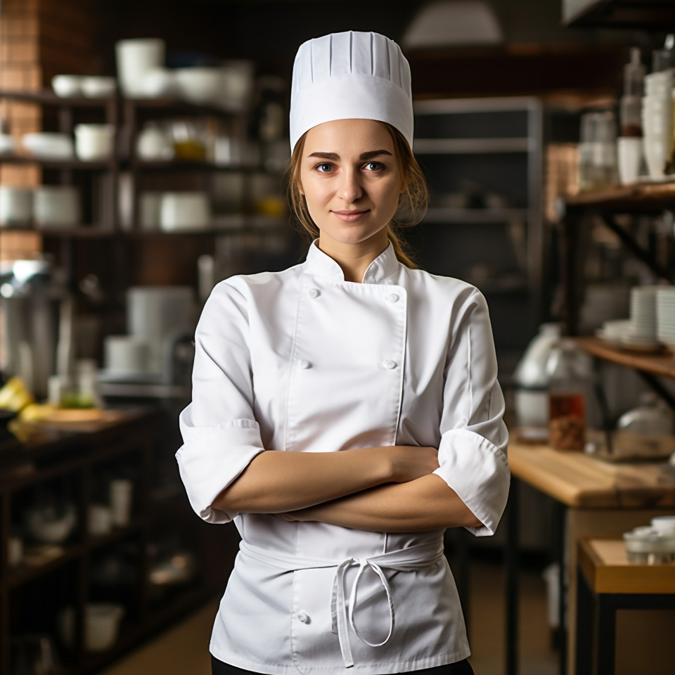 Female chef working confidently on blurred background
